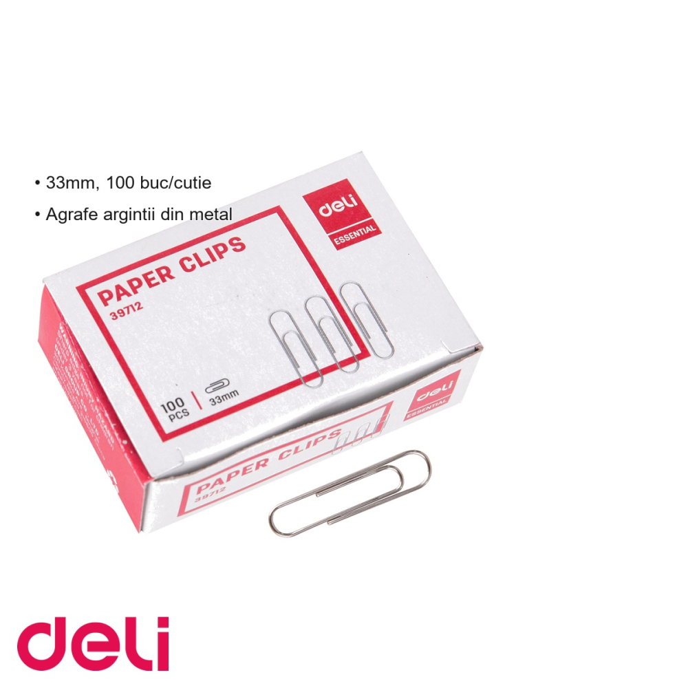 Agrafe metalice argintii Deli, 33 mm, 100 bucati/cutie, pentru organizarea documentelor de birou [3]