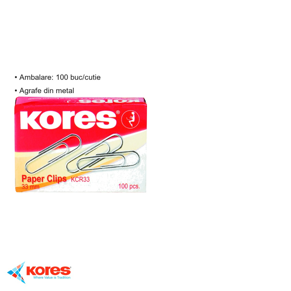 Agrafe metalice Kores 33 mm, rezistente si durabile, pentru organizarea documentelor la birou - 100 bucati/cutie [3]