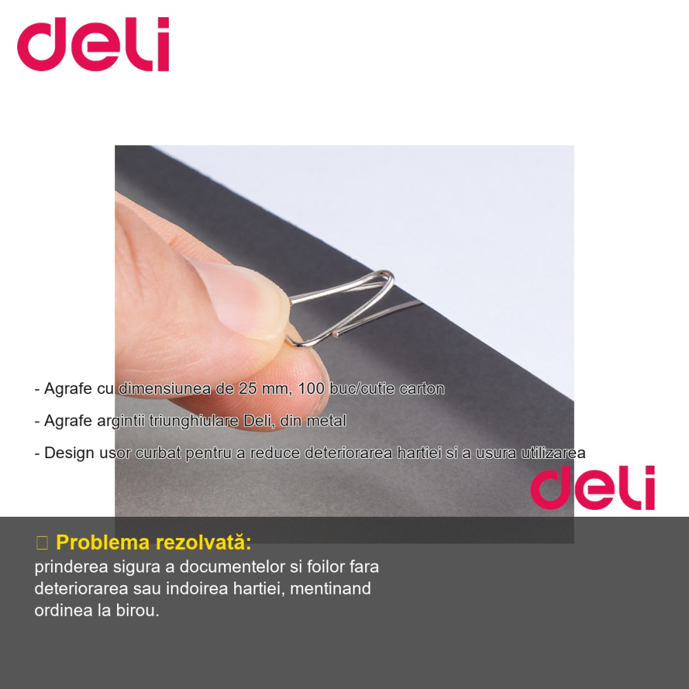 Agrafe metalice triunghiulare Deli, 25 mm, design curbat pentru protectia hartiei, 100 bucati/cutie [2]