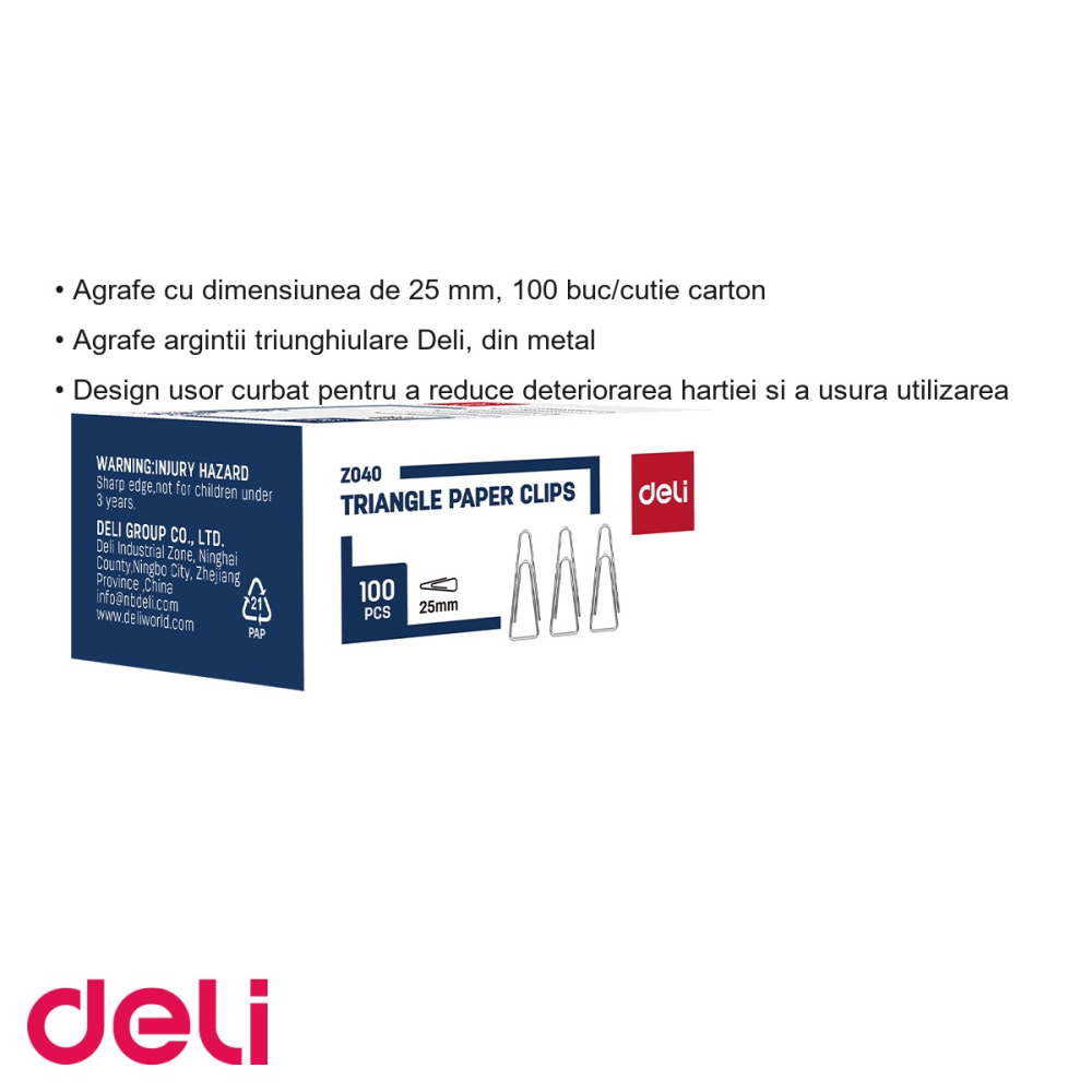 Agrafe metalice triunghiulare Deli, 25 mm, design curbat pentru protectia hartiei, 100 bucati/cutie [3]
