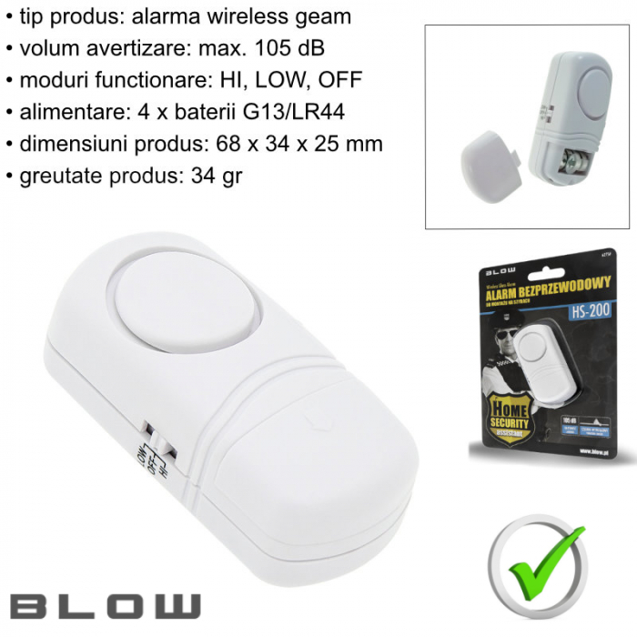 Alarma pentru geamuri, wireless, Blow HS-200 06085, volum maxim 105dB, 2 moduri, 68 x 34 x 25 mm, alba [7]