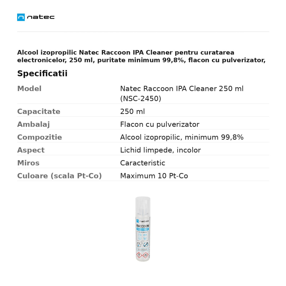 Alcool izopropilic Natec Raccoon IPA Cleaner pentru curatarea electronicelor, 250 ml, puritate minimum 99,8%, flacon cu pulverizator, NSC-2450 [3]