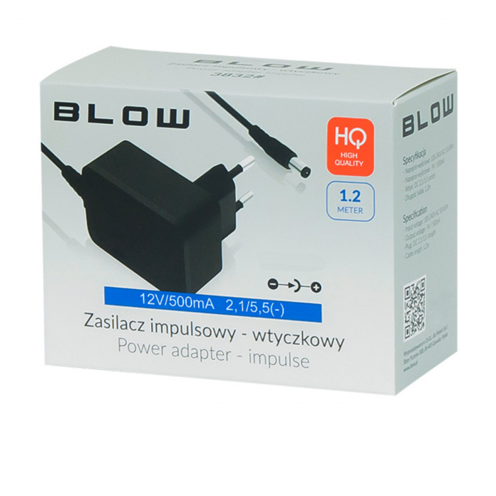 Alimentator de 12V-0.5A, 6W, cu mufa jack 2.1x5.5mm la 90 grade, Blow 10285, cablu de 1.2m, polaritate inversata, negru [5]