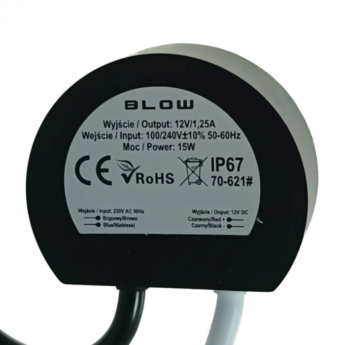Alimentator plat pentru LED-uri, 220V la 12V-1.25A, 15W, Blow, IP67, negru [3]