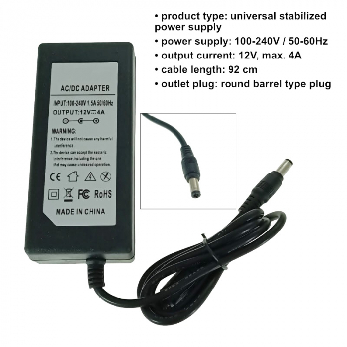 Alimentator stabilizat 12V, 4A-4000Ma, 100-240V, cablu de 92cm, led indicator, universal, negru [7]