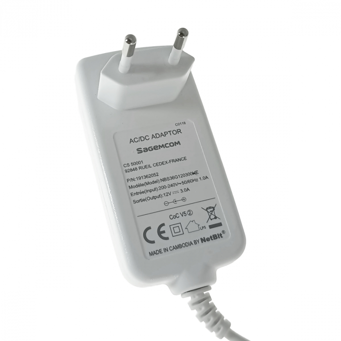 Alimentator stabilizat de 12V, 3000mA, Sagemcom NBS36, cablu de 200cm si mufa tip Barrel, alb [3]