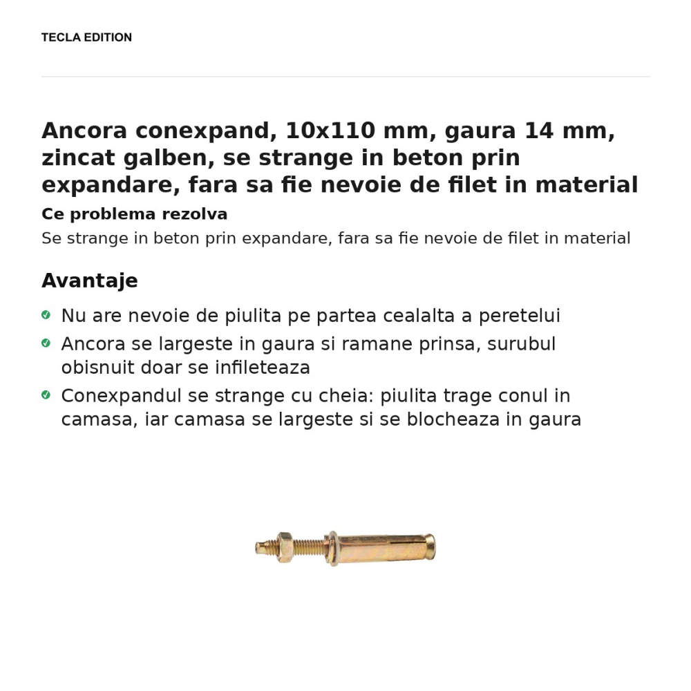 Ancora conexpand, 10x110 mm, gaura 14 mm, zincat galben, se strange in beton prin expandare, fara sa fie nevoie de filet in material [2]