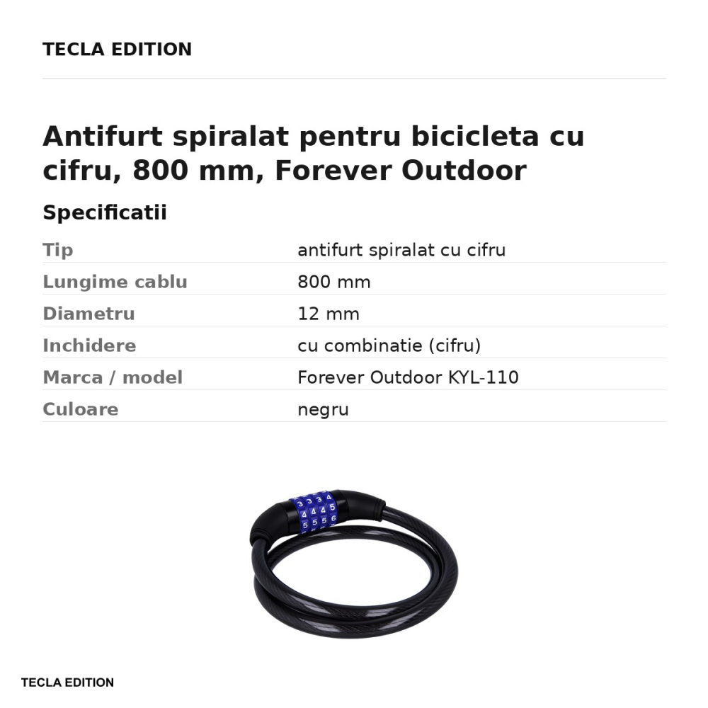 Antifurt spiralat pentru bicicleta cu cifru, 800 mm, Forever Outdoor KYL-110, negru [3]