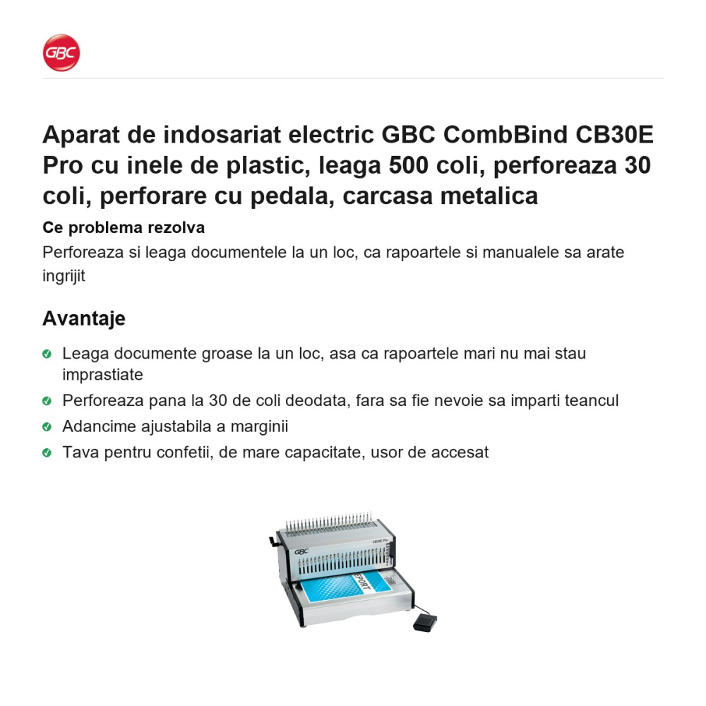 Aparat de indosariat electric GBC CombBind CB30E Pro cu inele de plastic, leaga 500 coli, perforeaza 30 coli, perforare cu pedala, carcasa metalica [2]