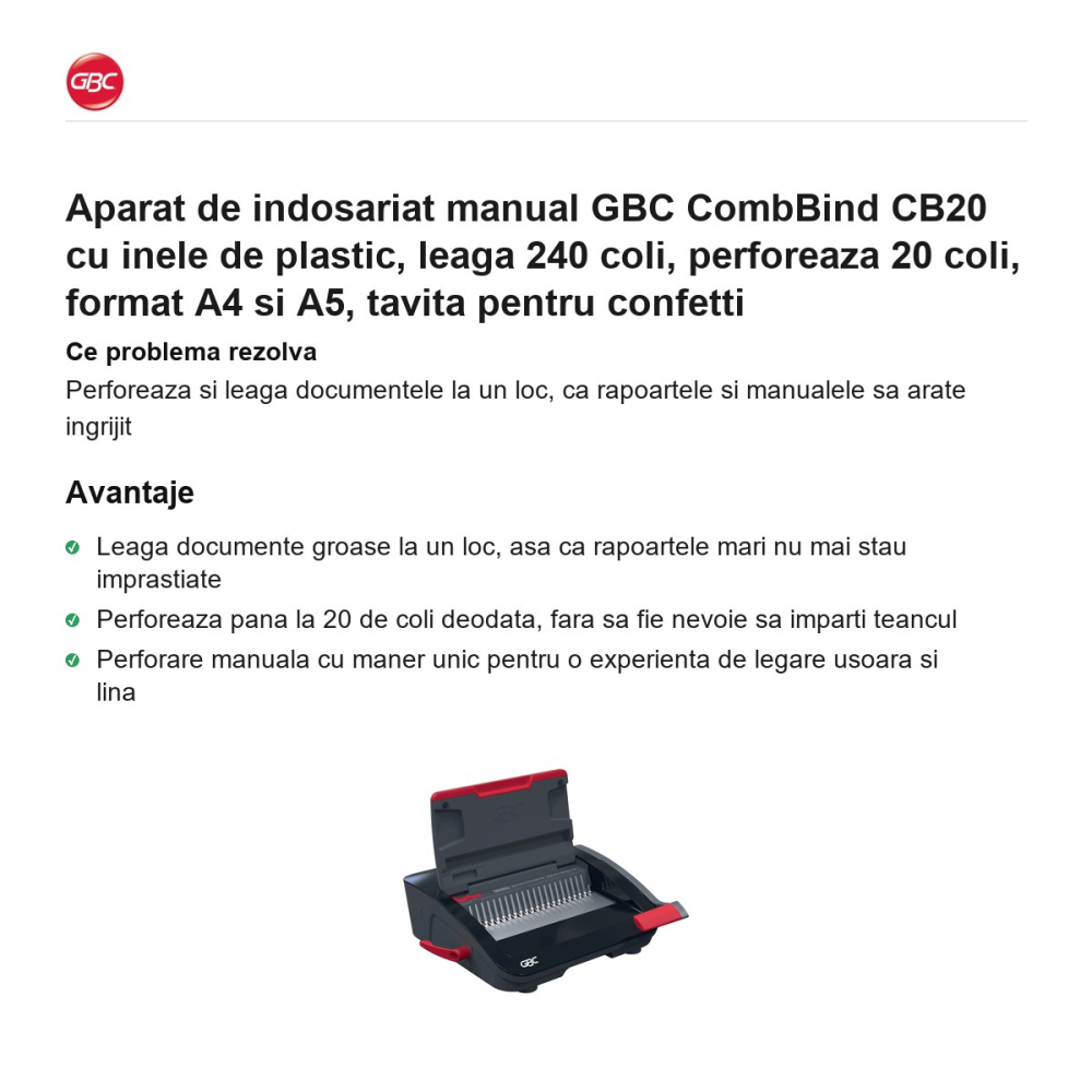 Aparat de indosariat manual GBC CombBind CB20 cu inele de plastic, leaga 240 coli, perforeaza 20 coli, format A4 si A5, tavita pentru confetti [2]