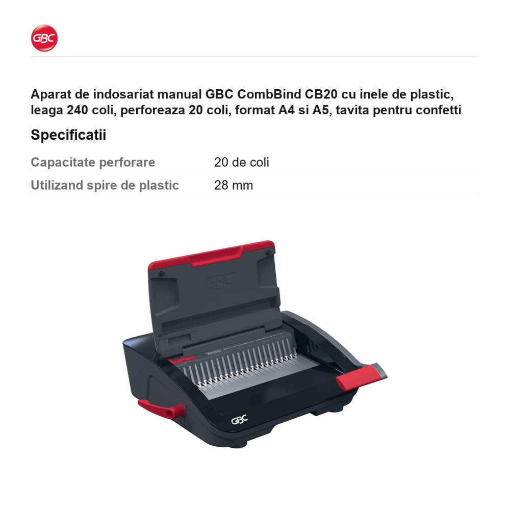 Aparat de indosariat manual GBC CombBind CB20 cu inele de plastic, leaga 240 coli, perforeaza 20 coli, format A4 si A5, tavita pentru confetti [3]