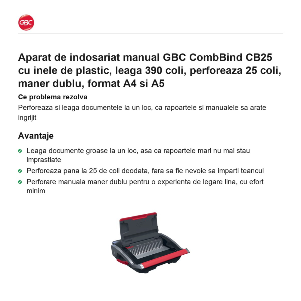 Aparat de indosariat manual GBC CombBind CB25 cu inele de plastic, leaga 390 coli, perforeaza 25 coli, maner dublu, format A4 si A5 [2]