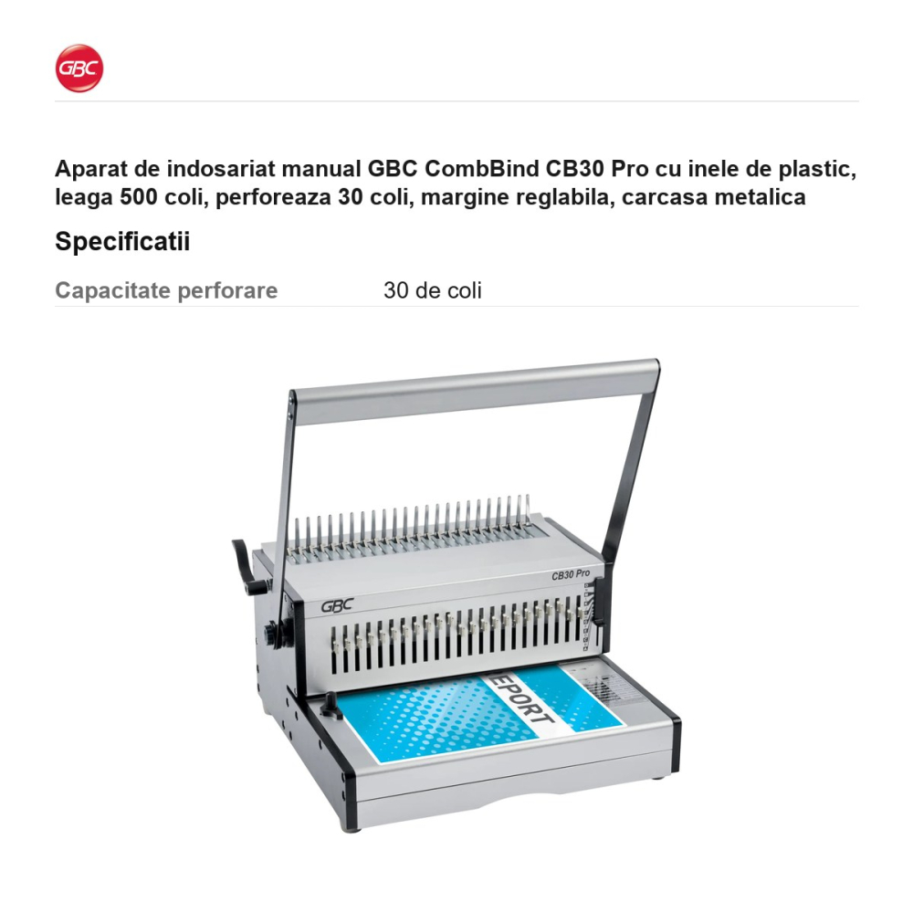 Aparat de indosariat manual GBC CombBind CB30 Pro cu inele de plastic, leaga 500 coli, perforeaza 30 coli, margine reglabila, carcasa metalica [3]