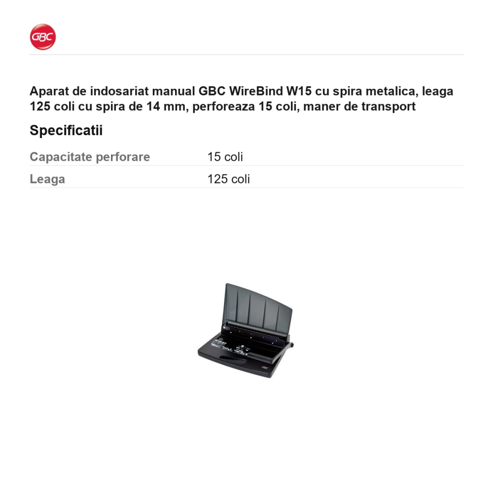 Aparat de indosariat manual GBC WireBind W15 cu spira metalica, leaga 125 coli cu spira de 14 mm, perforeaza 15 coli, maner de transport [3]