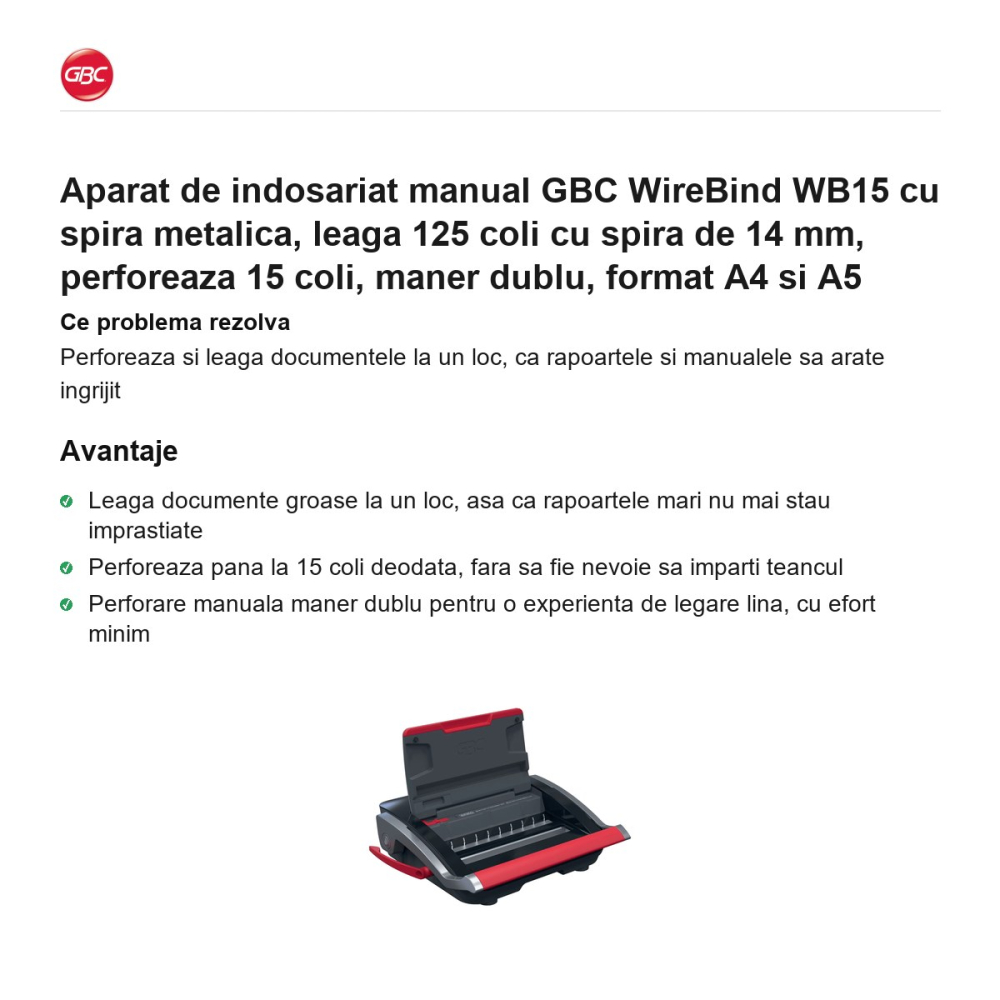 Aparat de indosariat manual GBC WireBind WB15 cu spira metalica, leaga 125 coli cu spira de 14 mm, perforeaza 15 coli, maner dublu, format A4 si A5 [2]