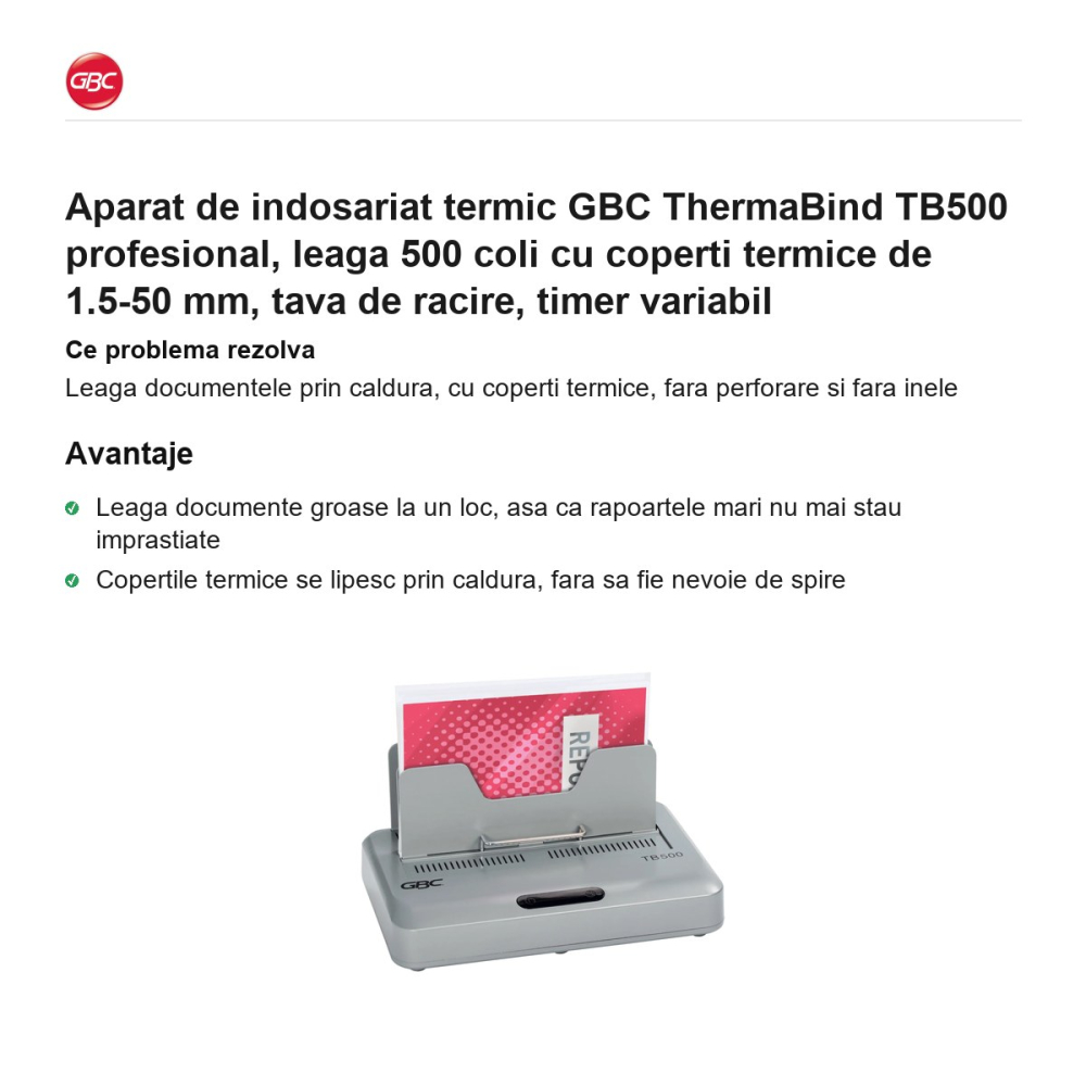Aparat de indosariat termic GBC ThermaBind TB500 profesional, leaga 500 coli cu coperti termice de 1.5-50 mm, tava de racire, timer variabil [2]