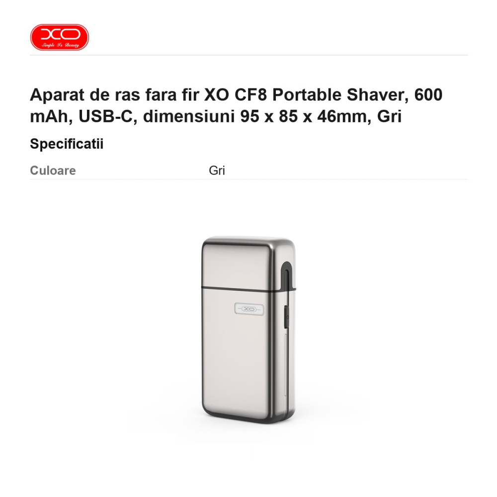 Aparat de ras fara fir XO CF8 Portable Shaver, 600 mAh, USB-C, dimensiuni 95 x 85 x 46mm, Gri [3]