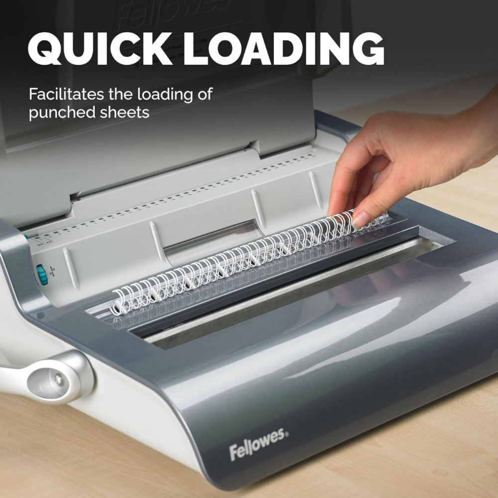 Aparat indosariat manual, Fellows Quasar Wire, cu inele metalice, diametru maxim spirala 14mm, capacitate indosariere 130 foi, perforare 15 coli, pentru birou si arhivare [2]