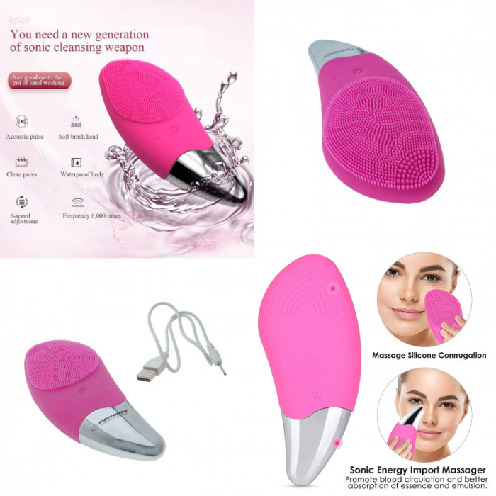 Aparat ingrijire faciala si masaj, Esperanza Cheer, vibratii si pulsatii, reglabil, impermeabil IPX6, baterie Li-Ion, incarcare USB, roz [8]