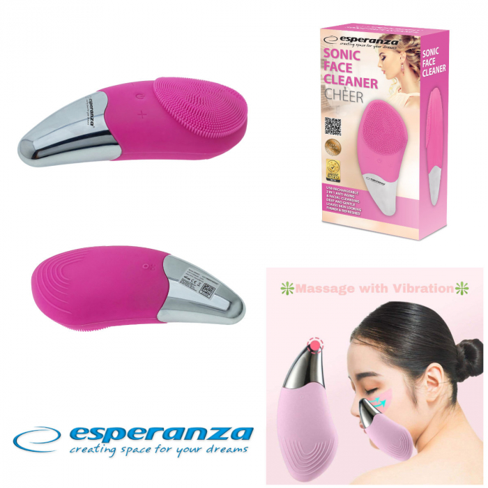 Aparat ingrijire faciala si masaj, Esperanza Cheer, vibratii si pulsatii, reglabil, impermeabil IPX6, baterie Li-Ion, incarcare USB, roz [3]