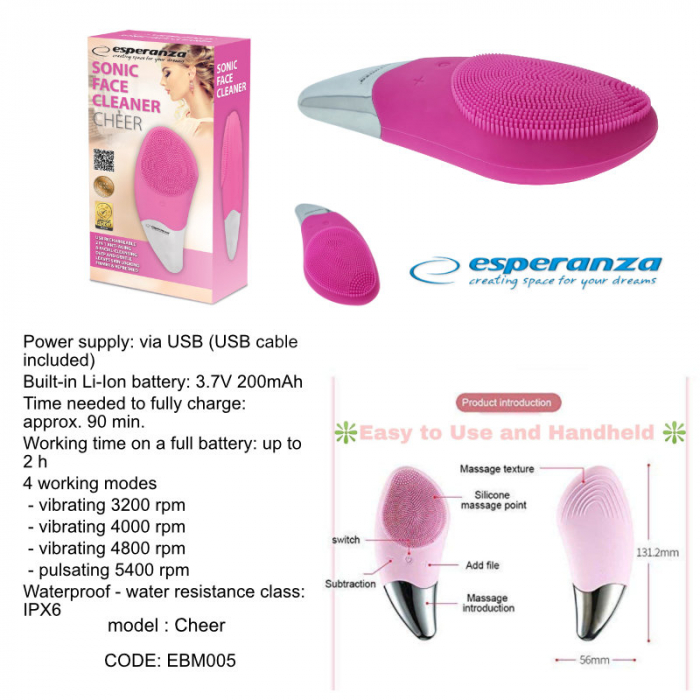 Aparat ingrijire faciala si masaj, Esperanza Cheer, vibratii si pulsatii, reglabil, impermeabil IPX6, baterie Li-Ion, incarcare USB, roz [7]