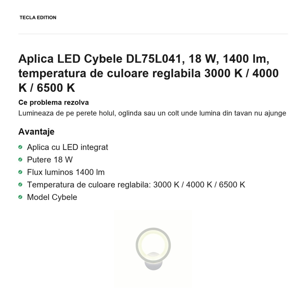 Aplica LED Cybele DL75L041, 18 W, 1400 lm, temperatura de culoare reglabila 3000 K / 4000 K / 6500 K [2]
