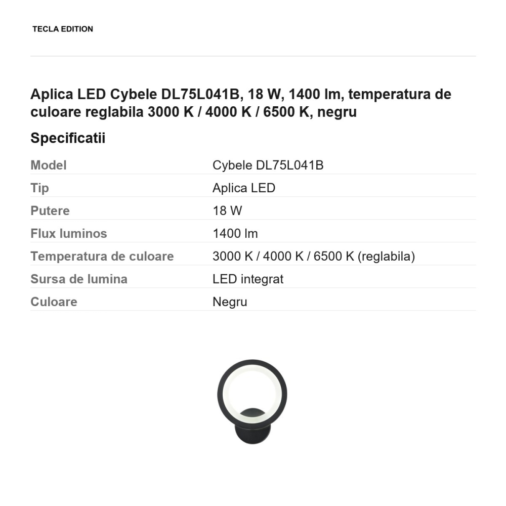 Aplica LED Cybele DL75L041B, 18 W, 1400 lm, temperatura de culoare reglabila 3000 K / 4000 K / 6500 K, negru [3]