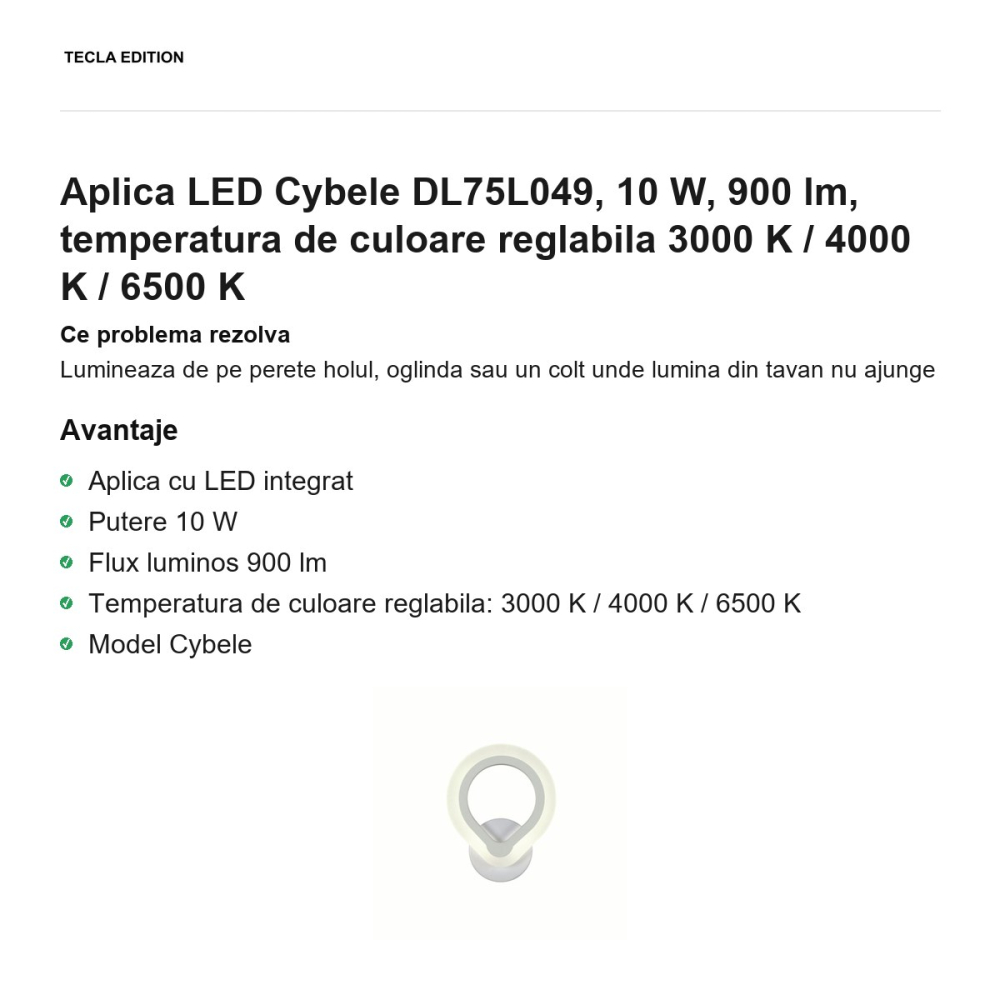 Aplica LED Cybele DL75L049, 10 W, 900 lm, temperatura de culoare reglabila 3000 K / 4000 K / 6500 K [2]