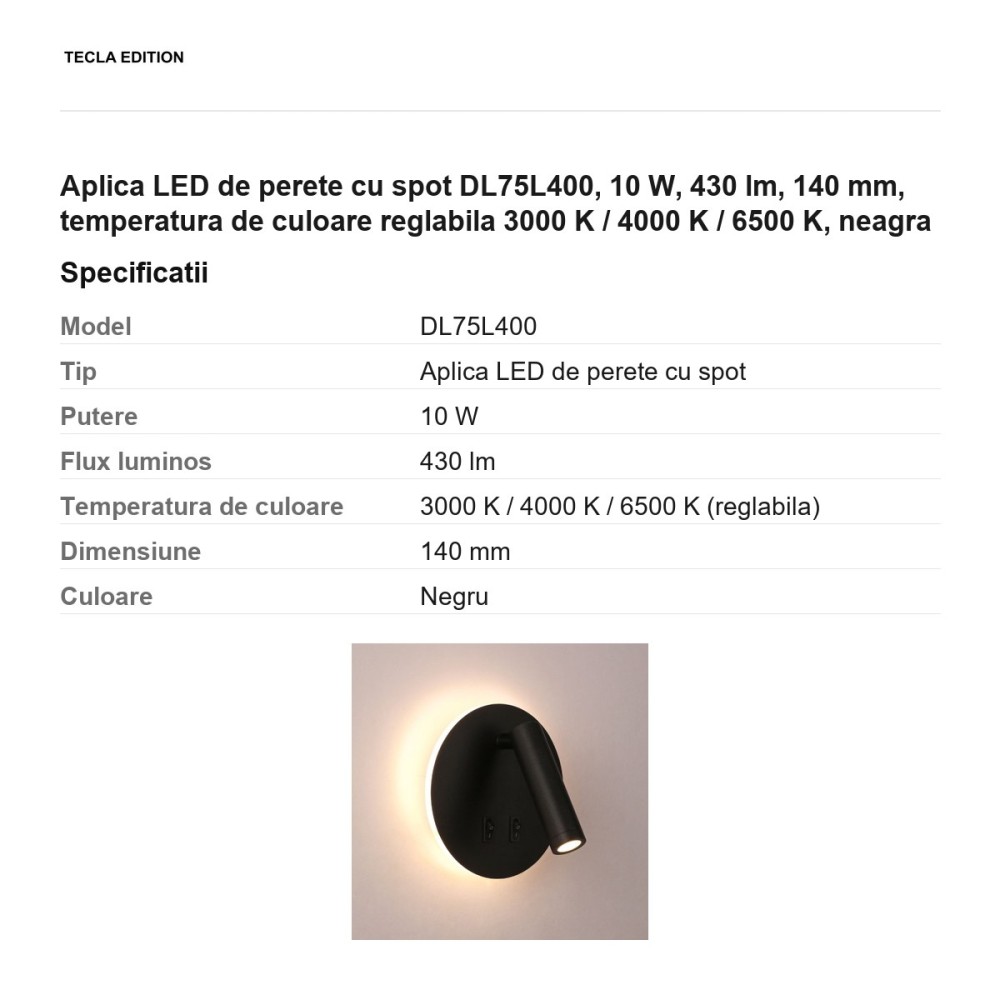 Aplica LED de perete cu spot DL75L400, 10 W, 430 lm, 140 mm, temperatura de culoare reglabila 3000 K / 4000 K / 6500 K, neagra [3]
