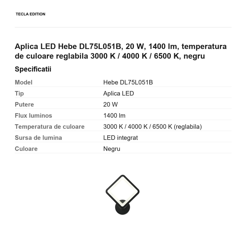 Aplica LED Hebe DL75L051B, 20 W, 1400 lm, temperatura de culoare reglabila 3000 K / 4000 K / 6500 K, negru [3]