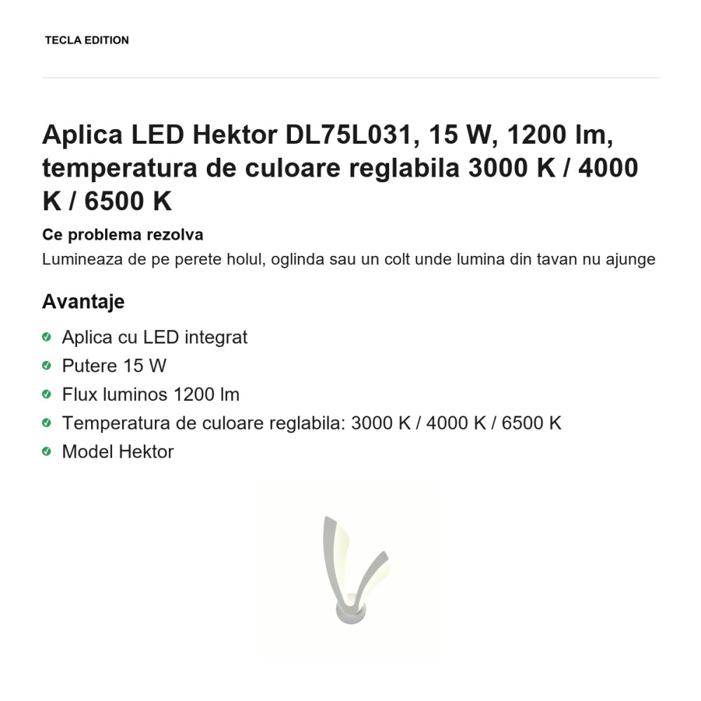 Aplica LED Hektor DL75L031, 15 W, 1200 lm, temperatura de culoare reglabila 3000 K / 4000 K / 6500 K [2]