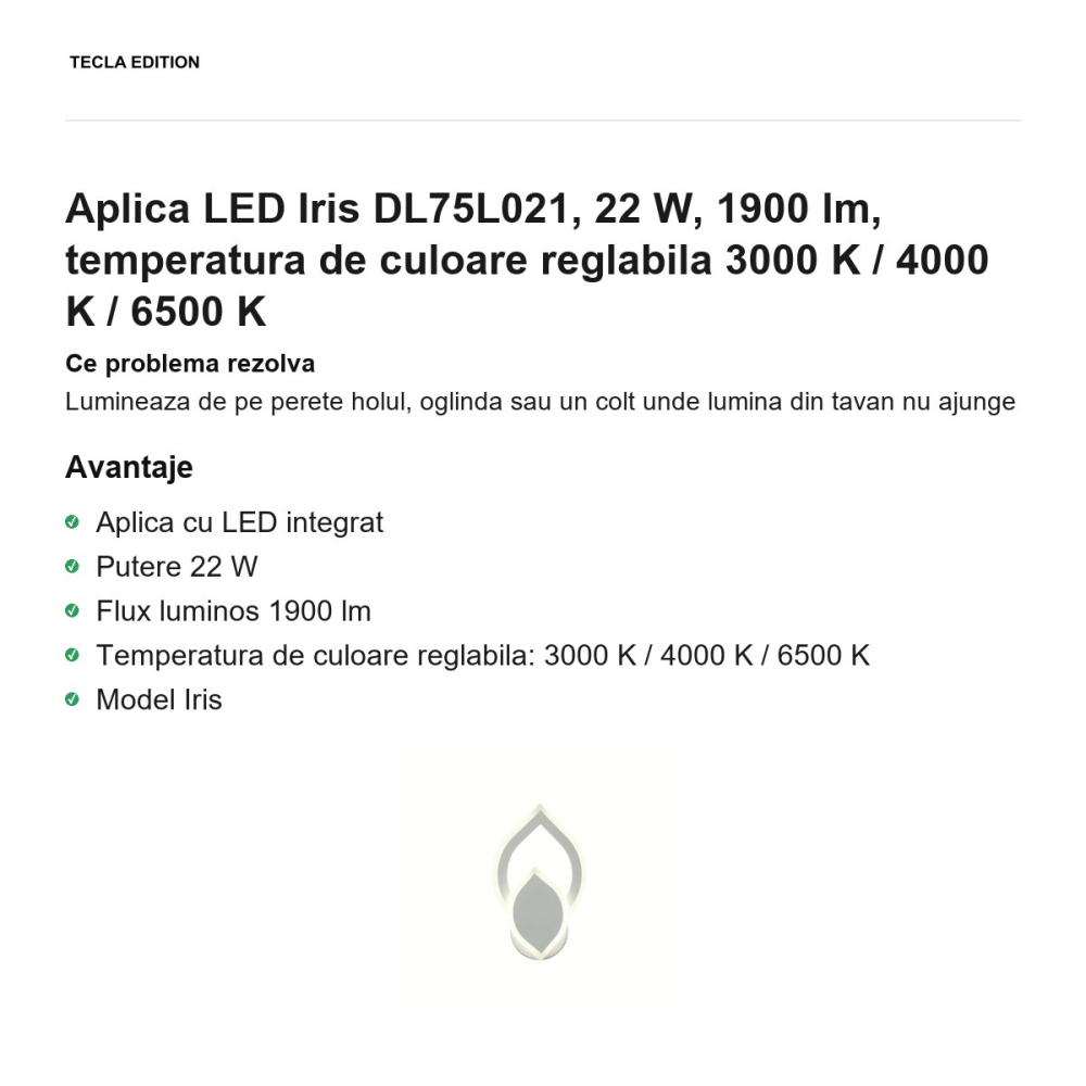 Aplica LED Iris DL75L021, 22 W, 1900 lm, temperatura de culoare reglabila 3000 K / 4000 K / 6500 K [2]