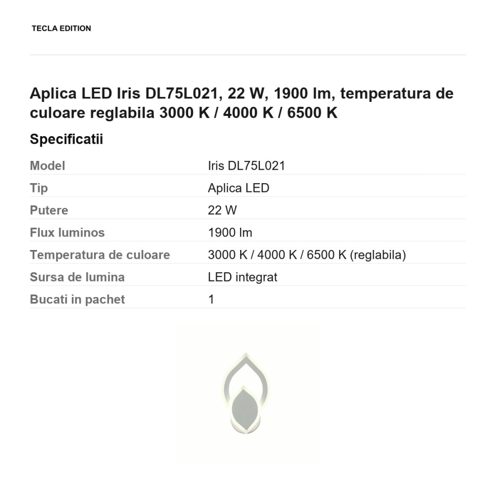 Aplica LED Iris DL75L021, 22 W, 1900 lm, temperatura de culoare reglabila 3000 K / 4000 K / 6500 K [3]