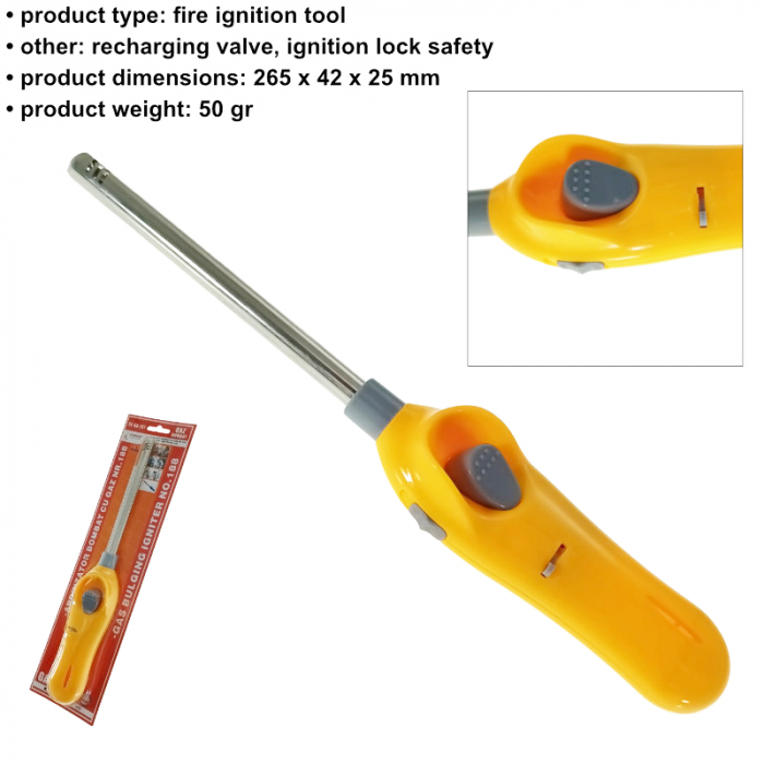Aprinzator cu gaz, FE-40797, cu reglare flacara si sistem de blocare, reincarcabil, galben [5]