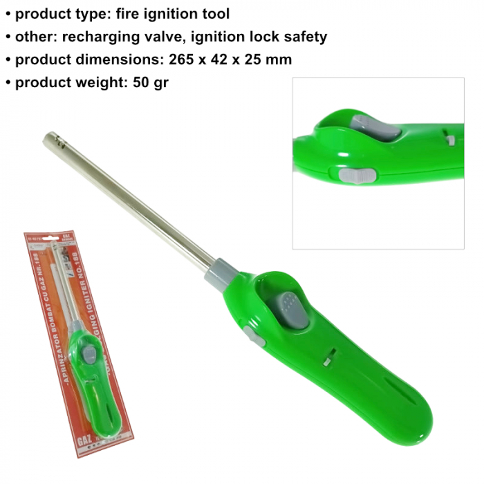 Aprinzator cu gaz, FE-40797, cu reglare flacara si sistem de blocare, reincarcabil, verde [5]