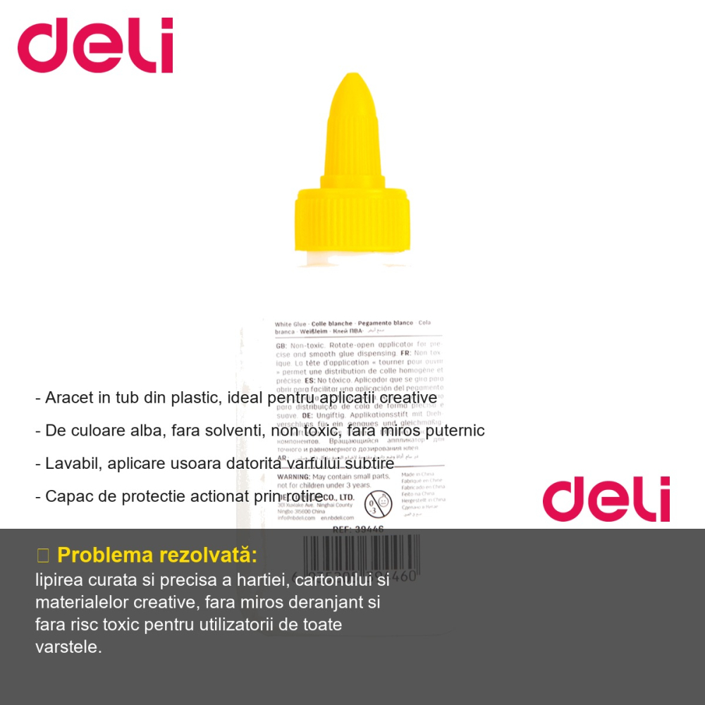 Aracet Deli 80ml, tub plastic cu varf subtire, adeziv alb non toxic, pentru aplicatii creative [2]