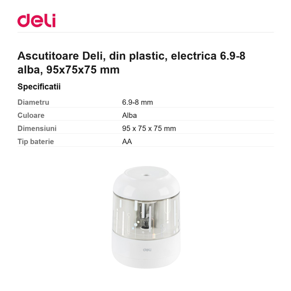 Ascutitoare Deli, din plastic, electrica 6.9-8 alba, 95x75x75 mm [3]