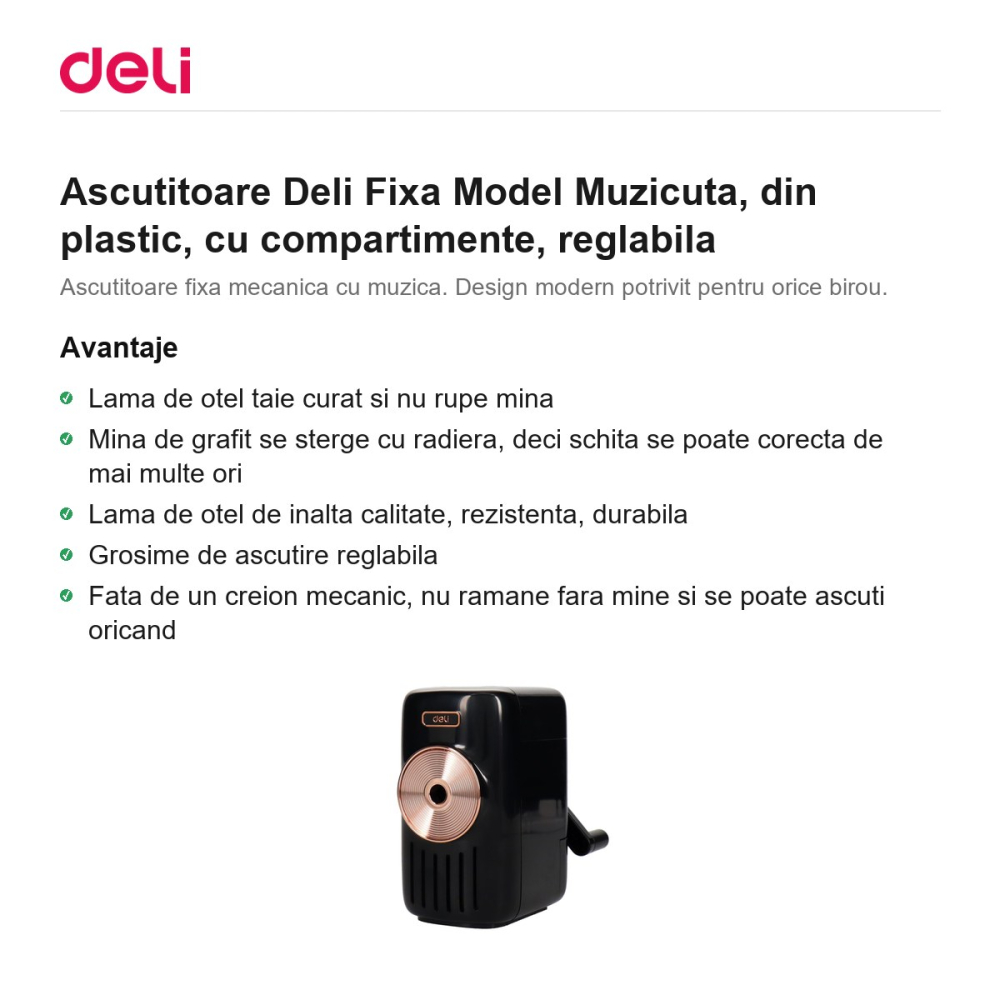 Ascutitoare Deli Fixa Model Muzicuta, din plastic, cu compartimente, reglabila [2]