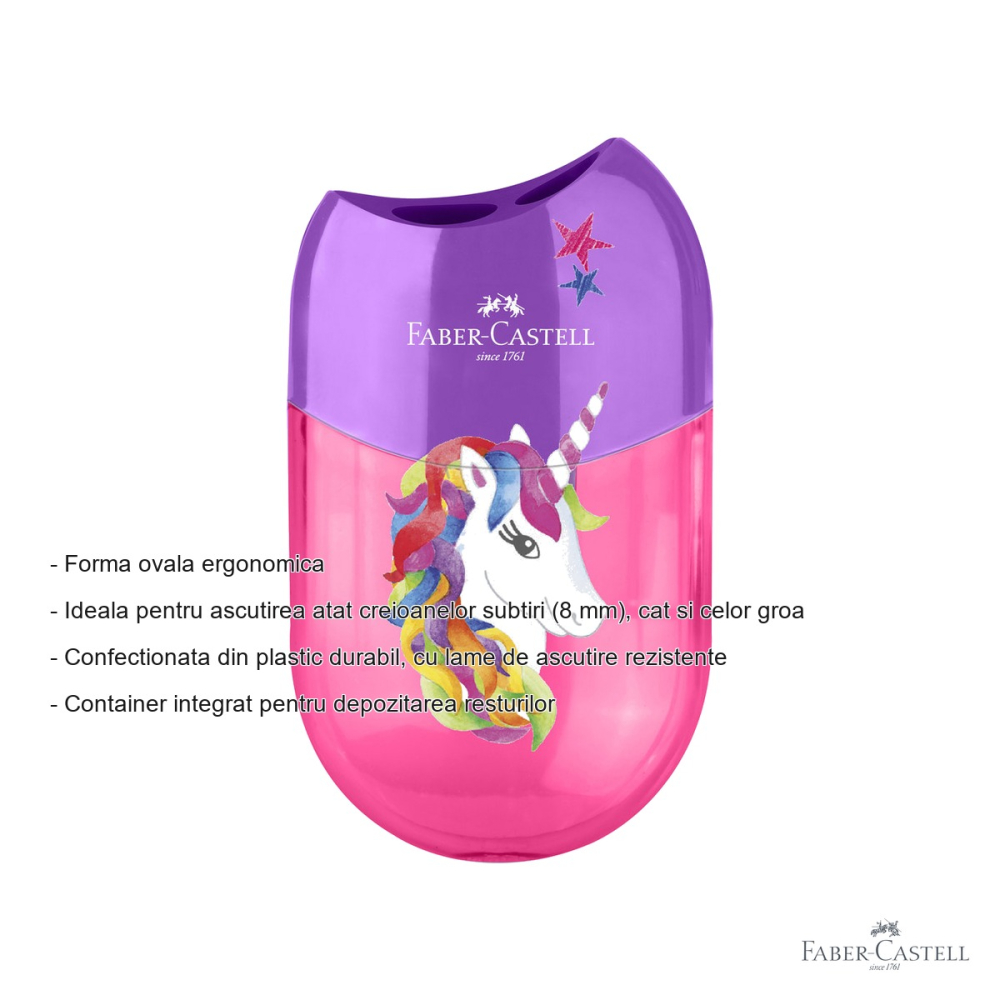 Ascutitoare dubla cu container Faber-Castell, design unicorni si dinozauri, pentru creioane subtiri si groase [2]