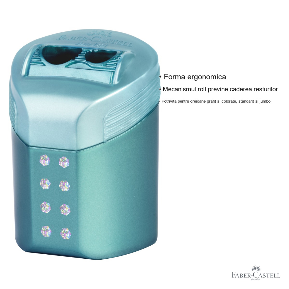 Ascutitoare dubla cu container Faber-Castell Sparkle Pastel, mecanism roll, pentru creioane grafit si colorate [3]