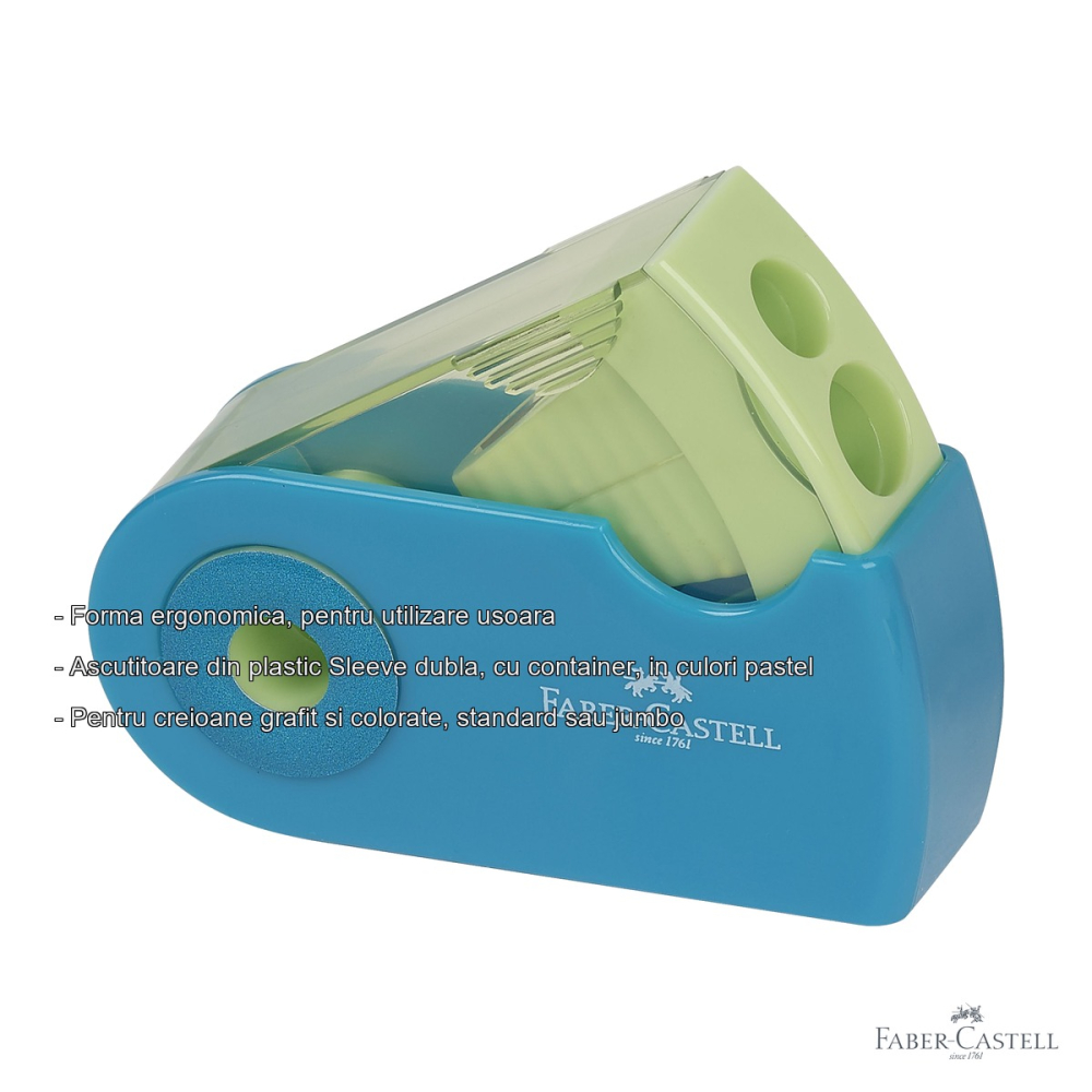 Ascutitoare dubla din plastic Faber-Castell Sleeve Trend, cu container, pentru creioane standard si jumbo, culori pastel [2]