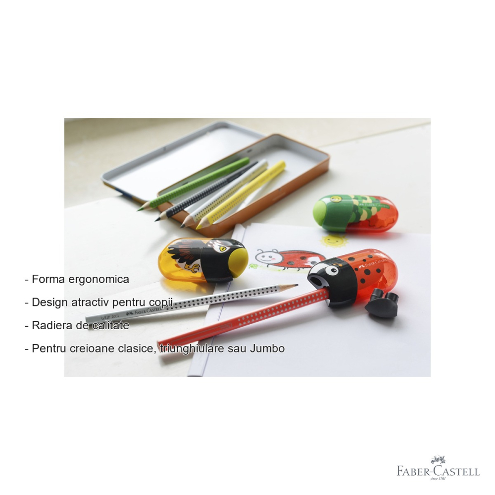 Ascutitoare dubla Faber-Castell cu container si radiera, design buburuza, pentru copii [2]