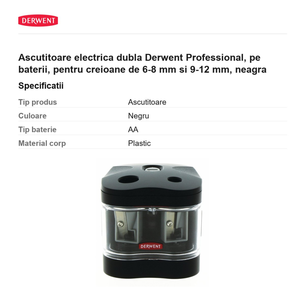 Ascutitoare electrica dubla Derwent Professional, pe baterii, pentru creioane de 6-8 mm si 9-12 mm, neagra [3]