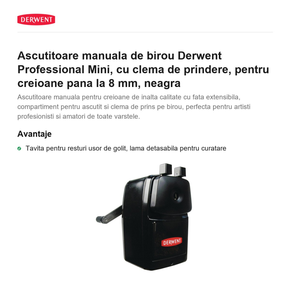 Ascutitoare manuala de birou Derwent Professional Mini, cu clema de prindere, pentru creioane pana la 8 mm, neagra [2]