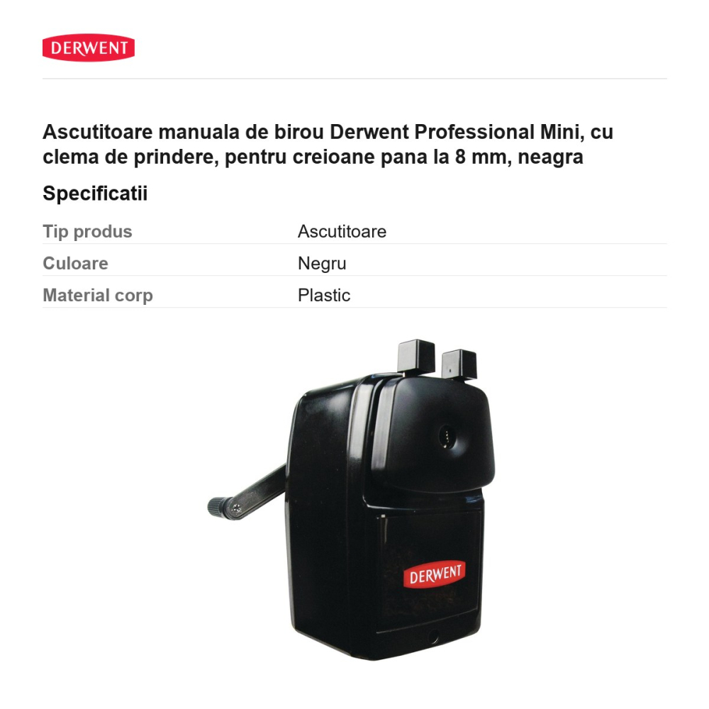 Ascutitoare manuala de birou Derwent Professional Mini, cu clema de prindere, pentru creioane pana la 8 mm, neagra [3]