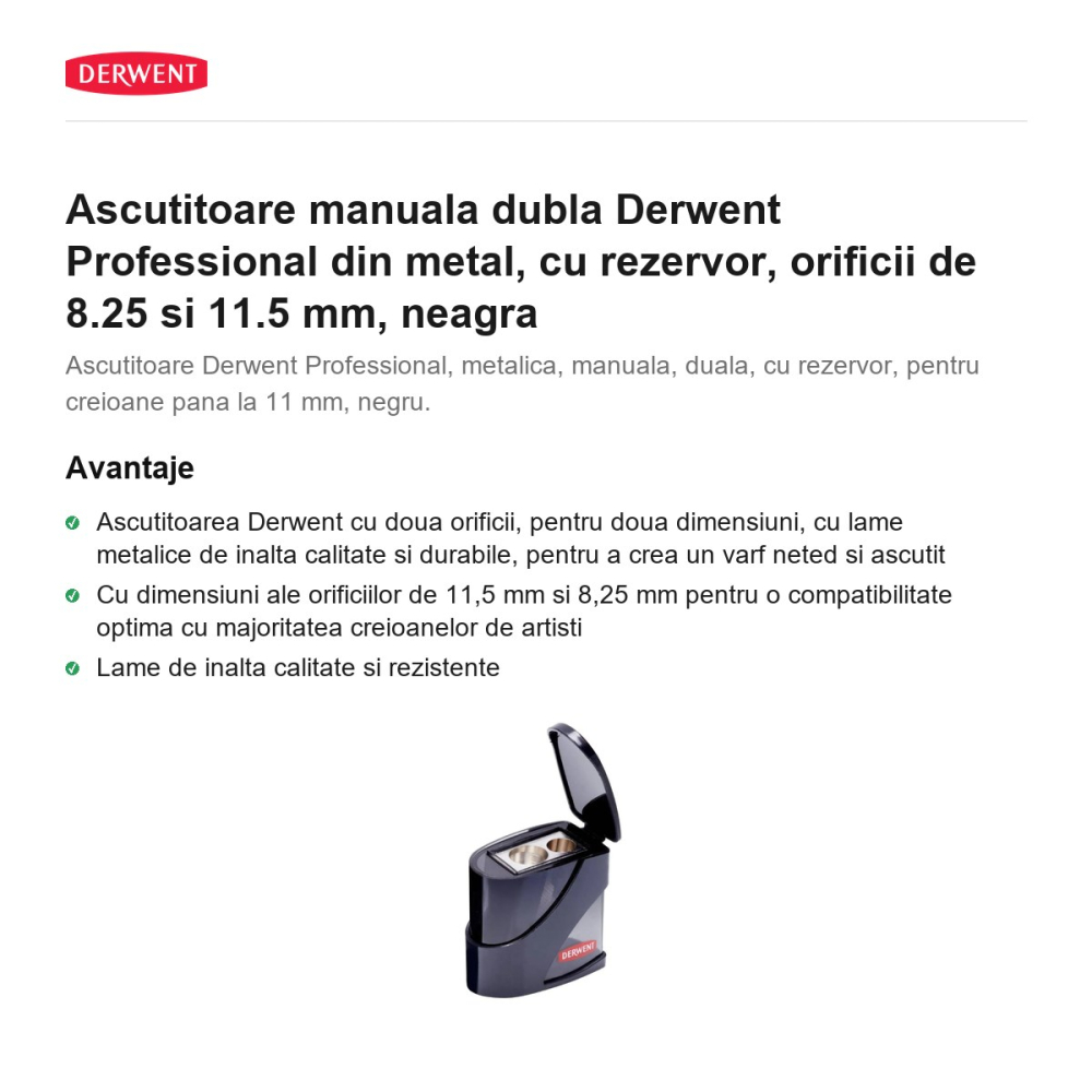 Ascutitoare manuala dubla Derwent Professional din metal, cu rezervor, orificii de 8.25 si 11.5 mm, neagra [2]
