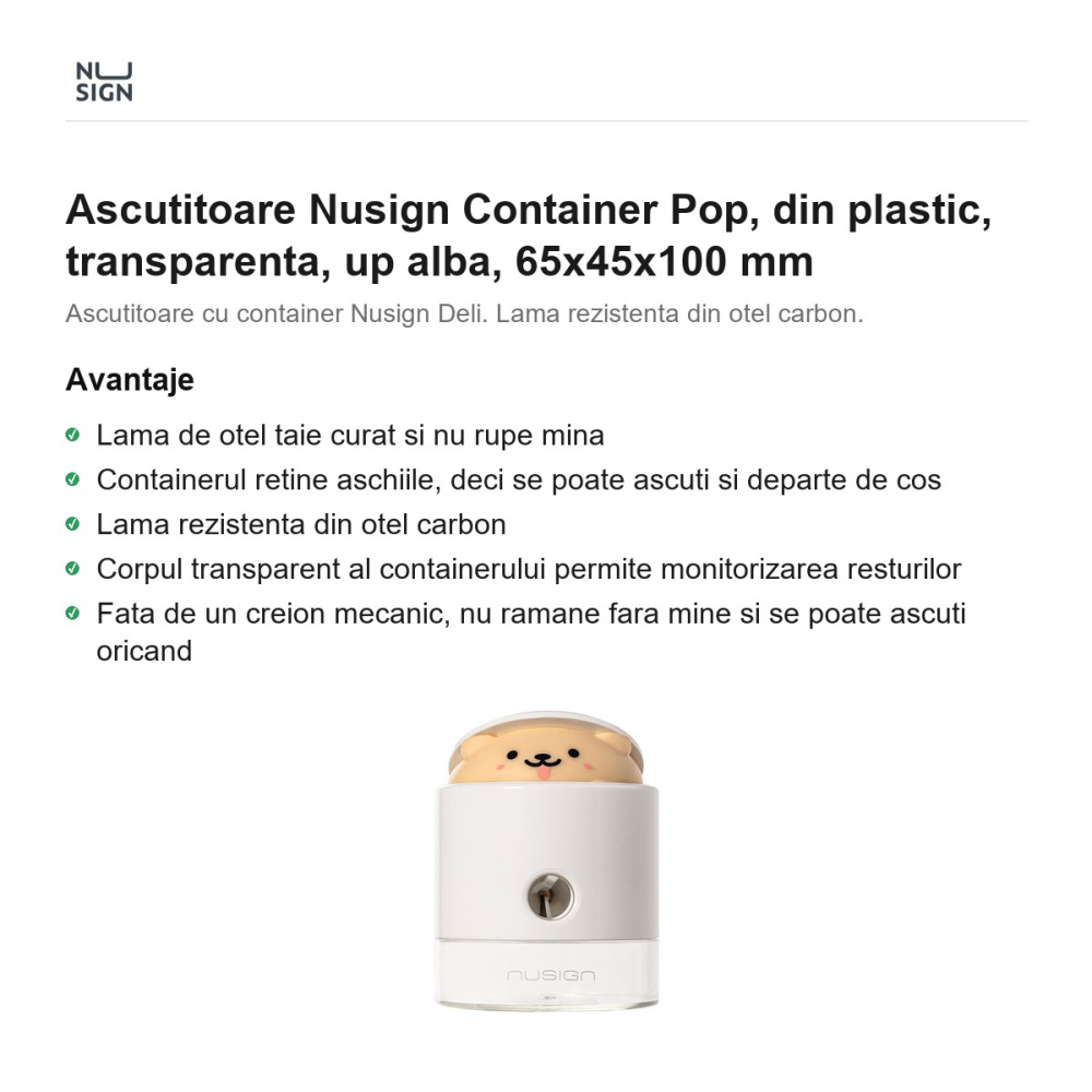 Ascutitoare Nusign Container Pop, din plastic, transparenta, up alba, 65x45x100 mm [2]