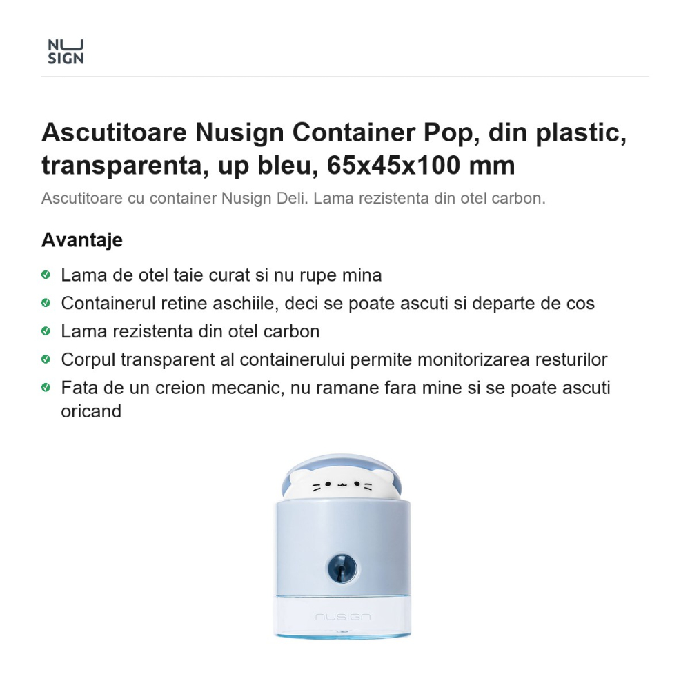 Ascutitoare Nusign Container Pop, din plastic, transparenta, up bleu, 65x45x100 mm [2]
