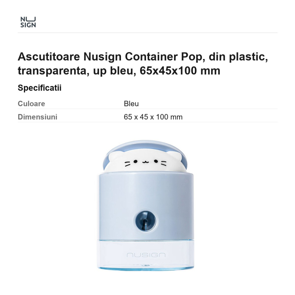 Ascutitoare Nusign Container Pop, din plastic, transparenta, up bleu, 65x45x100 mm [3]