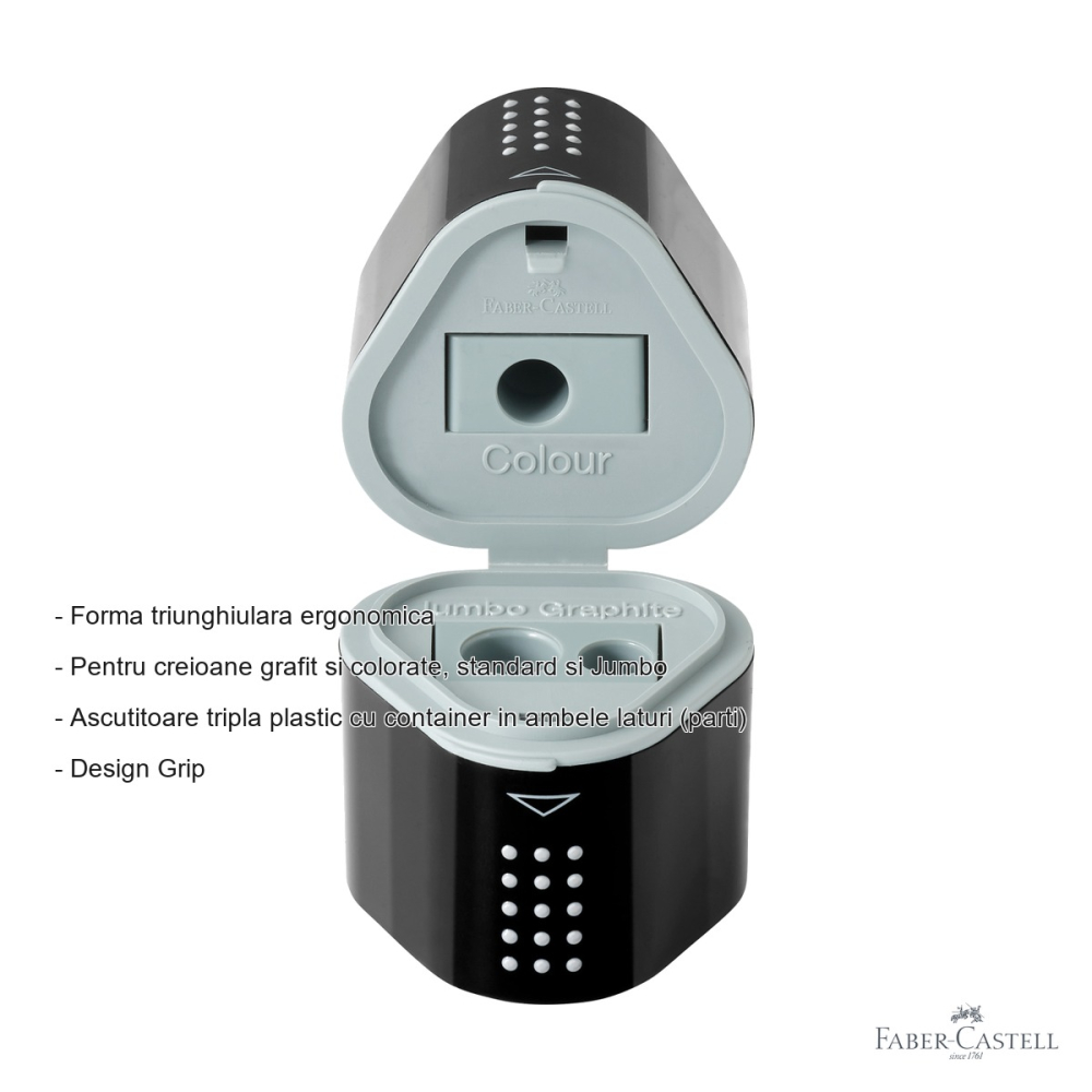 Ascutitoare tripla Faber-Castell Grip 2001, forma triunghiulara ergonomica, cu container, pentru creioane grafit si colorate [2]